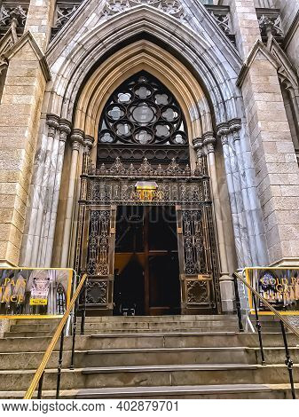 Gothic Exterior Of Saint Patrick's Cathedral In Midtown Manhattan. 1/13/2021