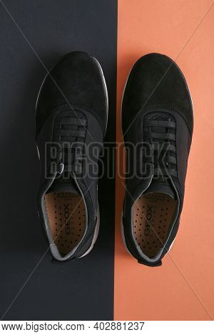 Jeddah Saudi Arabia January 6 2021 Geox Symbol Isolated On Black And Orange Background. Product Shot