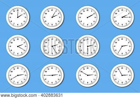 Flat Set Clock. Classic Flat Set With Clock On Blue Background. Digital Illustration. Stock Image. E