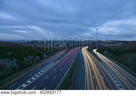Beautiful Very Long Exposure Evening View Of Light Trails Of Vehicles On Motorway M50 Dublin, Irelan