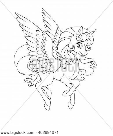 Beautiful Flying Winged Unicorn. Vector Coloring Page.
