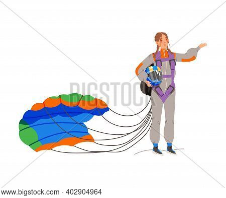 Smiling Woman Sky Diver Landing With Parachute Vector Illustration