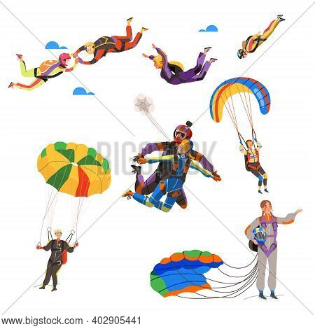 Paratroopers Or Parachutist Free-falling And Descenting With Parachutes Vector Set