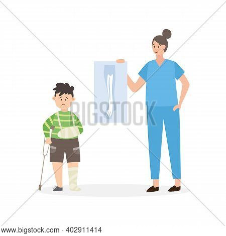 Injured Child At A Traumomatologist Appointment Vector Illustration Isolated.