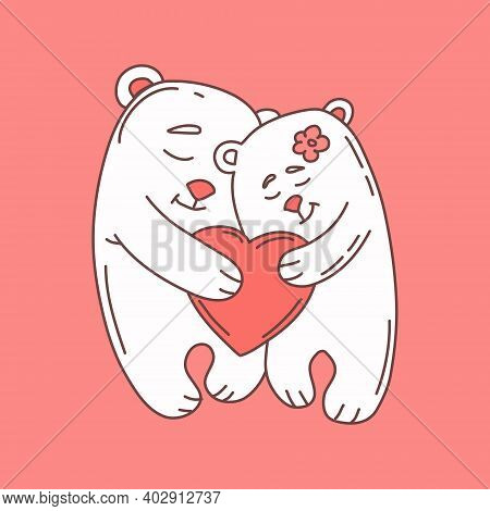 A Couple Of Bears In Love. Cute Greeting Card For Valentine's Day And Wedding, Invitation, Backgroun