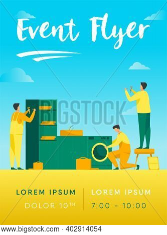 Handyman Working At Customer Home. Repair Man Fixing Washing Machine, Hammering Nails. Vector Illust