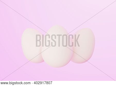 Three White Easter Eggs On Light Pink Background, Eastertime, 3d Illustration