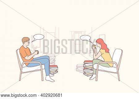 Coffee Break, Rest And Relax Concept. Two Friends Students Workers Or Colleagues Sitting Communicati