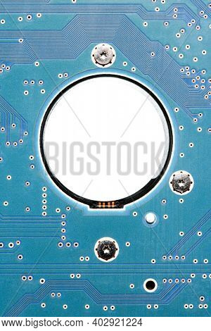 Blue computer CPU motherboard closeup