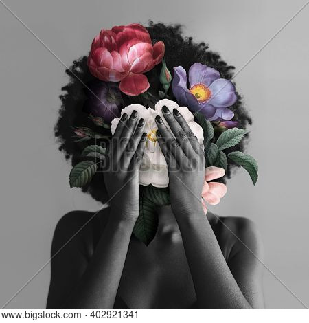 African American woman with flowers BLM movement social media post