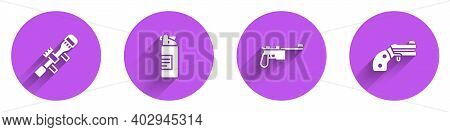 Set Sniper Optical Sight, Weapons Oil Bottle, Mauser Gun And Small Revolver Icon With Long Shadow. V
