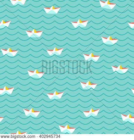 Cute Paper Boats Seamless Vector Pattern. Colorful Summer Design With White Hand-drawn Paper Boats F