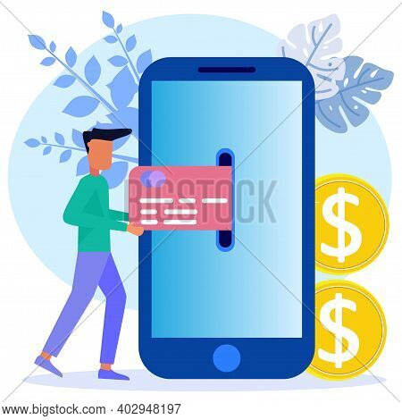 Vector Illustration Of, Financial Transactions, Non-cash Payment Transactions. Pos-terminals And Pay