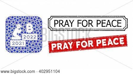Vector Collage Gentleman Pray Bitcoin 2022 And Grunge Pray For Peace Seals. Mosaic Gentleman Pray Bi