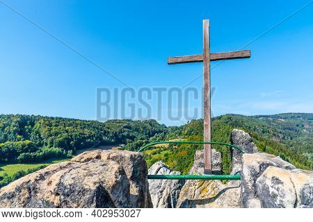 Lookout Point With Wooden Cross Above Vranov Castle Ruins. Landscape With Sandstone Rock Formations 