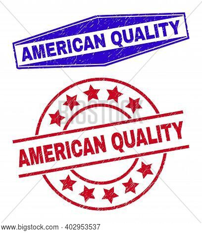American Quality Stamps. Red Rounded And Blue Squeezed Hexagonal American Quality Stamps. Flat Vecto