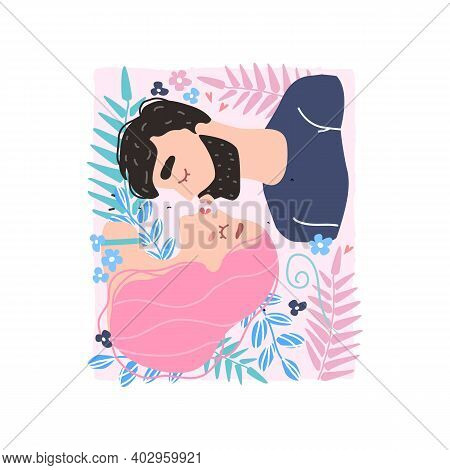 Vector Valentine Card With Cute Characters. Romantic Couple In Love Kissing. World Kissing Day. Clip