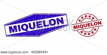 Miquelon Stamps. Red Round And Blue Flatten Hexagon Miquelon Rubber Imprints. Flat Vector Grunge Sta