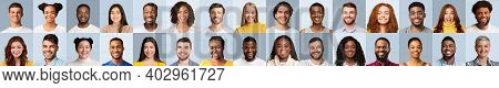 Set Of Multiple Portraits With Diverse Real Young People Smiling Looking At Camera Posing Over Blue 