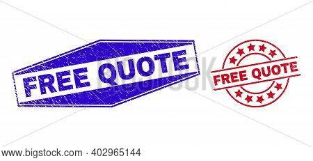 Free Quote Stamps. Red Circle And Blue Flattened Hexagonal Free Quote Watermarks. Flat Vector Textur