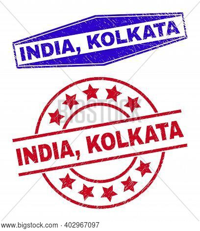 India, Kolkata Badges. Red Rounded And Blue Extended Hexagonal India, Kolkata Rubber Imprints. Flat 
