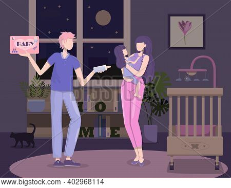 Parents Put The Child To Bed. Flat Vector Illustration. Baby, Mom And Dad At Night In The Bedroom Wi
