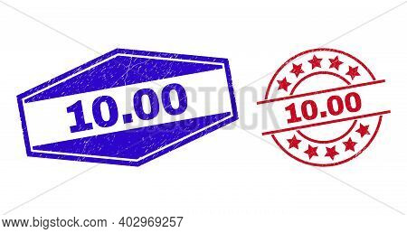 10.00 Badges. Red Round And Blue Compressed Hexagonal 10.00 Seals. Flat Vector Textured Watermarks W