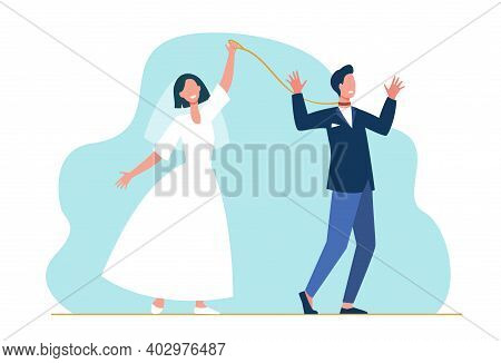 Cheerful Bride Leading Groom On Leash. Wedding Day, Dress, Smoking, Metaphor. Flat Vector Illustrati