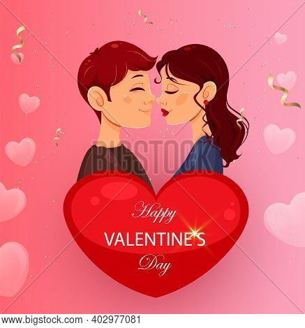 Happy Valentines Day Greeting Card. Romantic Couple Standing Behind Red Heart. Stock Vector Illustra
