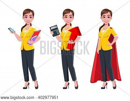 Young Beautiful Business Woman, Set Of Three Poses. Cute Businesswoman Cartoon Character In Flat Sty