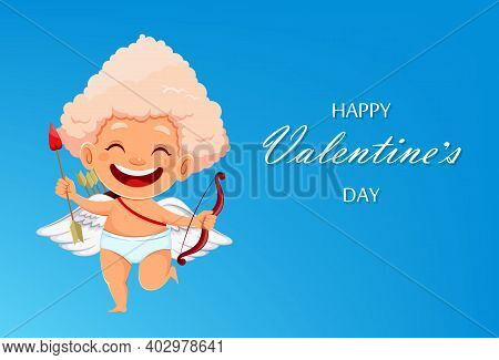 Happy Valentines Day Greeting Card With Cute Funny Cupid Angel Holding Bow And Arrow. Amur Baby Cart