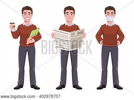 Stock Vector Successful Business Man, Set Of Three Poses. Manager Character Design. Flat Style Vecto