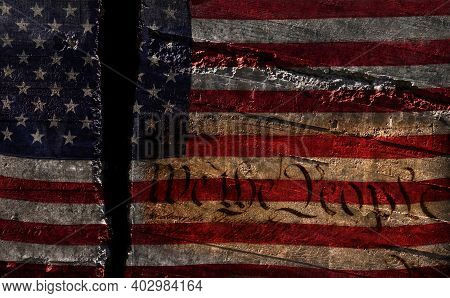 Distressed Us Flag Split In Two With We The People Constitution Text-- American Political Division C