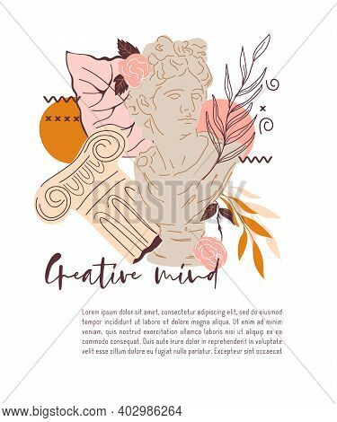 Card Design With Decorative Creative Image Of Statue Of Greek God, Apollo. Decorative Card Or Poster