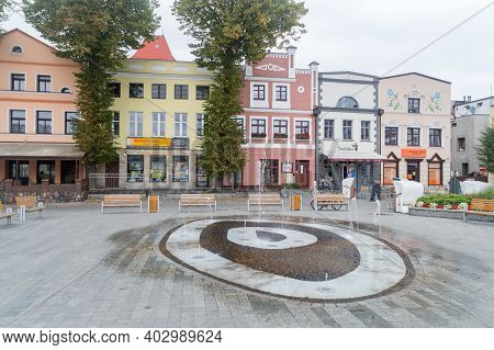 Puck, Poland - September 20, 2020: View On Water Fountain At Market Square In Puck.