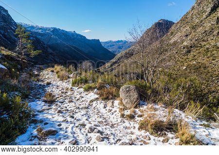 Winter landscape with snow in mountains of Serra do Geres natural park, Portugal