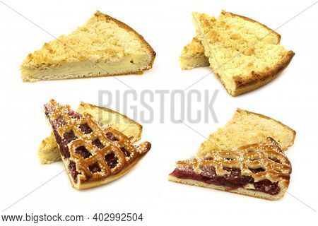 slices of rice and cream and cherry pie (vlaai) on a white background