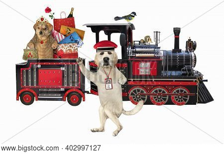 A Dog Railwayman Is Standing Next To A Train With A Passenger. White Background. Isolated.
