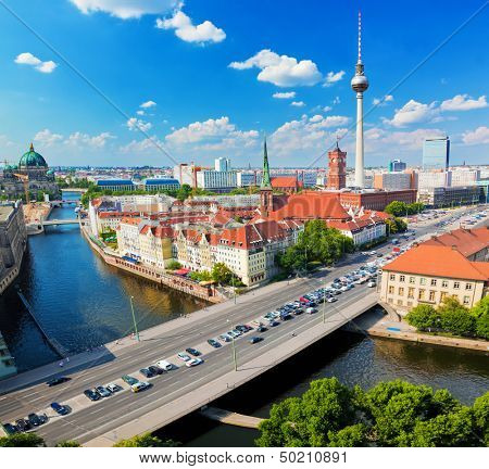 Berlin, Germany rooftop view on Television Tower, Berlin Cathedral, Rotes Rathau and the River Spree. Major landmarks under sunny blue sky