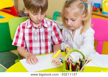 Two Cute Little Prescool Kids Drawing