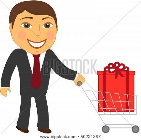 man and shopping cart with box