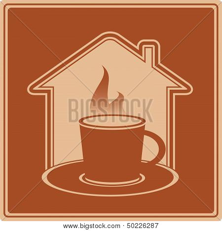 house silhouette and cup with hot beverage