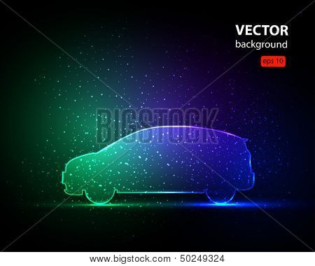 Neon Light Silhouette of car, easy editable