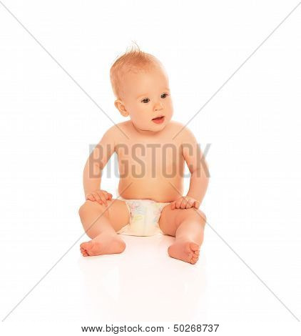 Happy Beautiful Baby In A Diaper Isolated