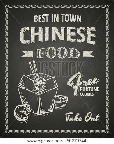 Chinese food poster on black chalkboard