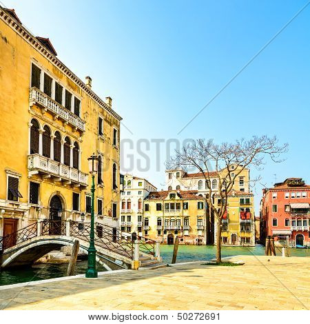 Venice Cityscape, Bridge, Tree And Buildings On Water Grand Canal . Italy.