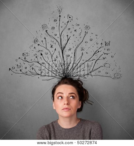 Pretty young woman thinking with tangled lines coming out of her head