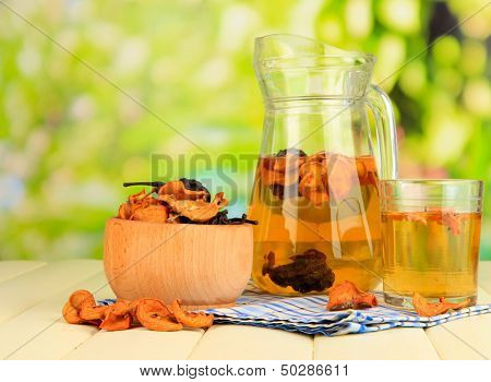 Assorted dried fruits in bowl and compote of dried fruits on wooden table on natural background