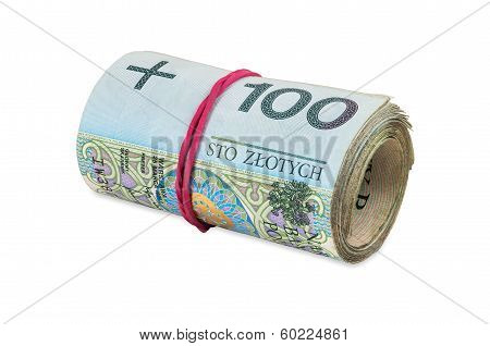 Polish Banknotes Of 100 Pln Rolled With Rubber