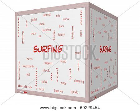Surfing Word Cloud Concept On A 3D Cube Whiteboard